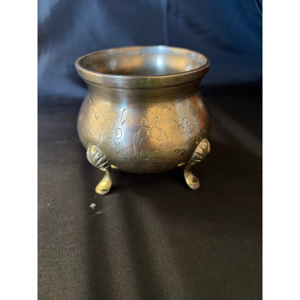 vintage etched brass footed cauldron